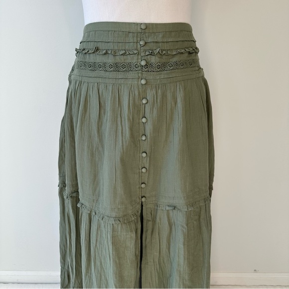 Aerie NWT Green Cotton Gauzy Tiered Skirt Smocked Waist Long Front Slit, size L - Picture 2 of 16